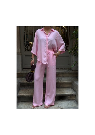 Meecy Kadın Tencel Kumaş Pantolon Gömlek Takım Pembe Pembe