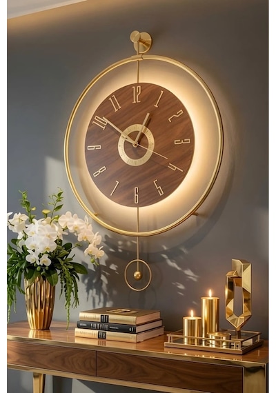 Metaquartz Aksesuar Büyük Boy 50x75cm Quartz Mekanizma Ispanyol Orbit Time , Metal Ahşap Duvar Saati Gold,