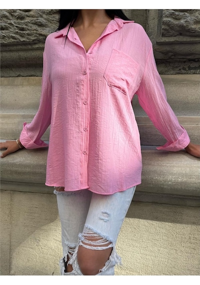 WeShaya Pembe Oversize Kırışık %100 Polyester Gömlek Pembe