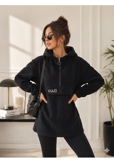 Kadın Siyah Kapşonlu Polar Sweatshirt