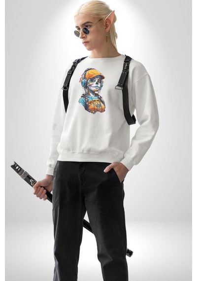 Robot Kız Müzik Kulaklık Şapka Unisex Beyaz Baskılı Sweatshirt Beyaz