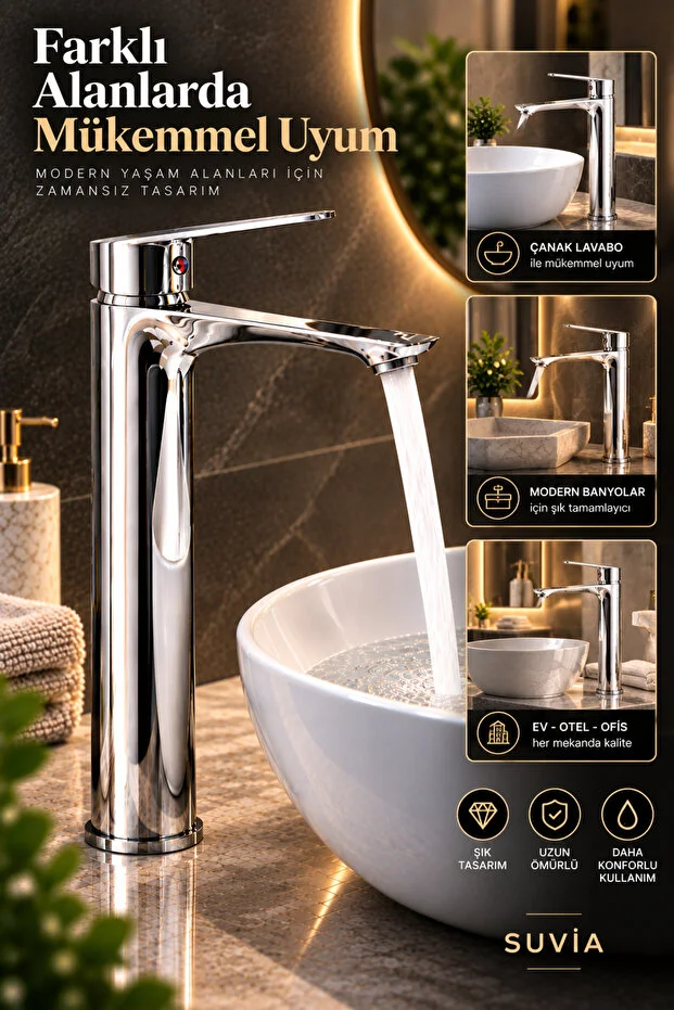 Lavabo Bataryası Yüksek Gövde Krom Çanak Lavabo Musluğu Sıcak Soğuk Su Bataryası