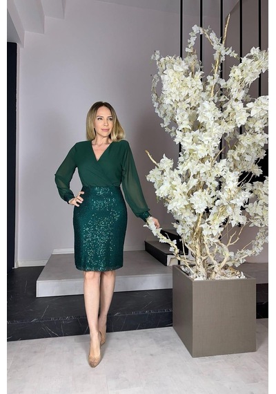 Ges Moda G0948 Kruvaze Yaka Payetli Abiye Elbise Yeşil-yeşil Yeşil