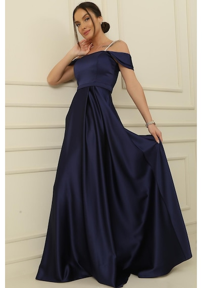 By Saygı Askılı Taş Detaylı Kare Yaka Astarlı Uzun Saten Elbise-35804-lacivert