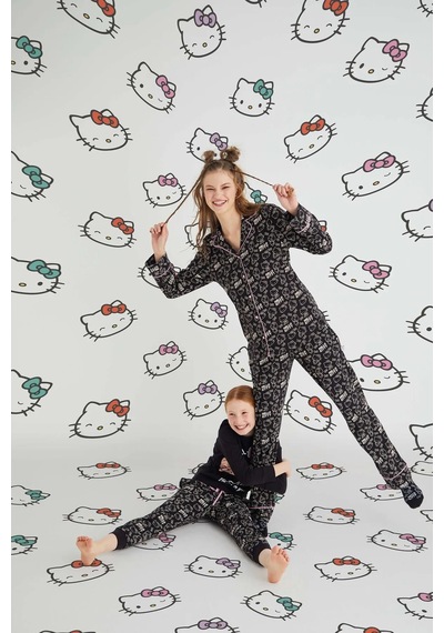 Hello Kitty Kız Çocuk Siyah Kız Uzun Kol Pamuklu Pijama Takımı Renklı