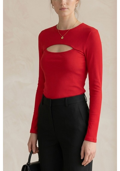 Kadın Kırmızı Cut Out Bluz Uzun Kollu Fit Kalıp Göğüs Dekolteli Modern Şık Üst Bluz