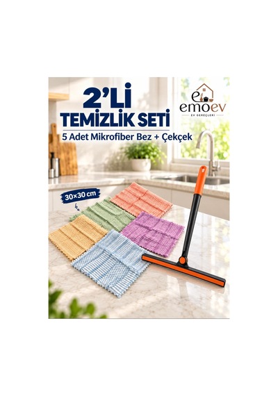2'li Temizlik Seti - 180 Döner Başlıklı Cam & Tezgah Çekçeği + 5'li Mikrofiber Temizlik Bezi 30x30 Cm