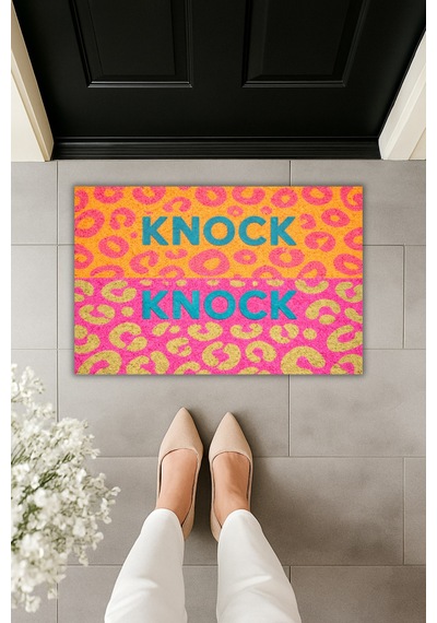 Rugmood Modern Dijital Baskı Paspas - Knock Knock Yazılı Leopar Desenli Kapı Önü Paspası Çok Renkli