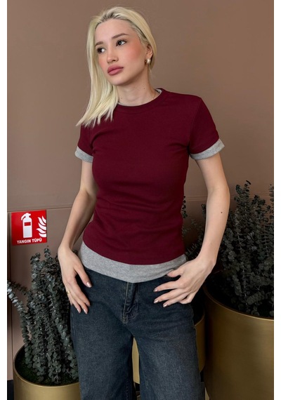 Bordo Bisiklet Yaka Çift Renkli Basic Tişört Mg2682 Bordo