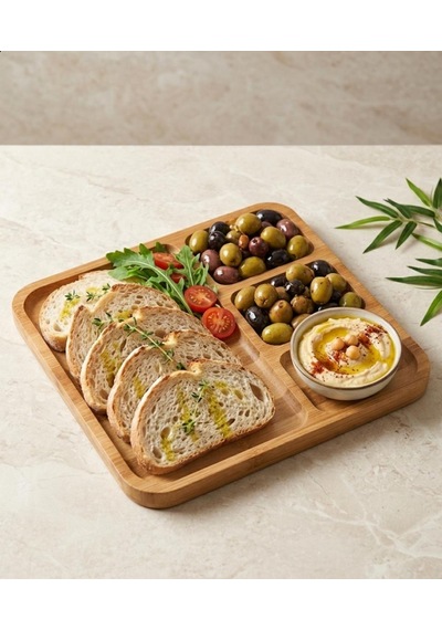 4 Bölmeli Bambu Kare Sunum Tabağı Kahvaltı Tabağı 28 Cm 28x28