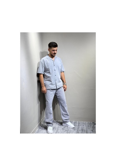 Gömlek Pantolon Erkek Keten Takım Oversize Kalıp Gri