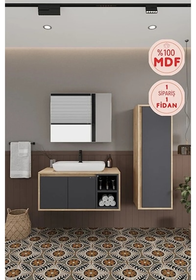 Lale 100 Cm %100 Mdf Lavabolu Banyo Dolabı + Aynalı Dolap + Boy Dolabı Antrasit
