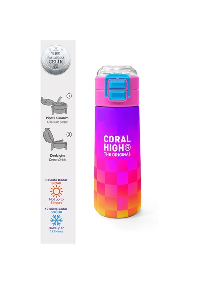 Coral High Kids Neon Renkli Dama Desenli Pipetli Ve Direkt İçim Çelik Termos 500 Ml 38103 Pembe