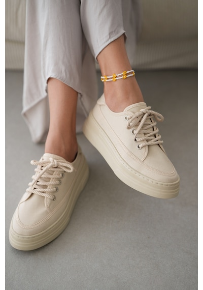 Peinta Yüksek Tabanlı Bağcıklı Kadın Sneaker- Bej