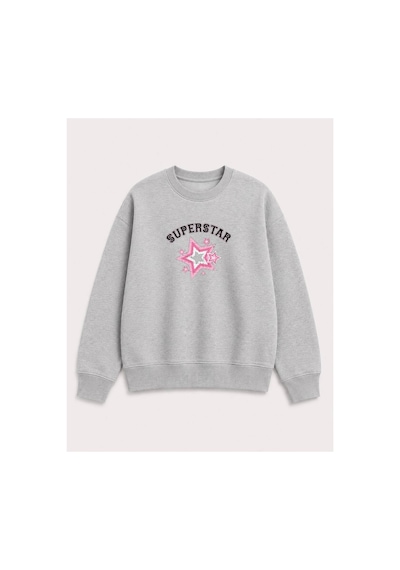 Herkesemoda Süperstar Baskılı 2 İplik Şardonlu Bisiklet Yaka Sweatshirt Gri