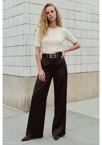 Sateen Kemer Detaylı Saten Pantolon - Kahve-137908