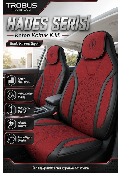 Tesla Model 3 2017 Ve Sonrası Uyumlu Hades Serisi Keten Koltuk Kılıfı Kırmızı Siyah