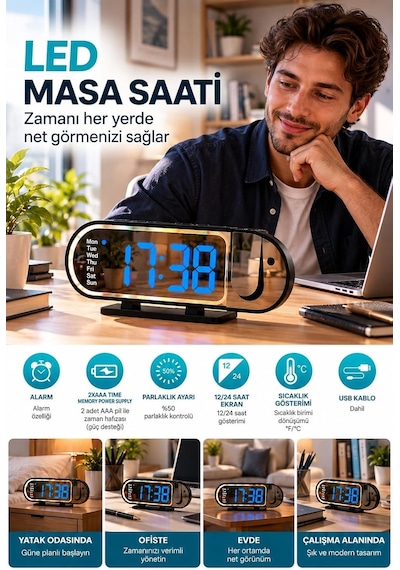 Tr Modern Dijital Led Masa Saati Alarm Özellikli 12 24 Saat Seçenekli Sıcaklık Göstergeli Ekran Diğer