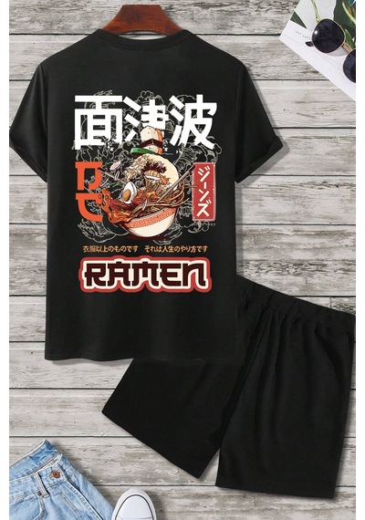 Uyguntarz Ramen Baskı Şort Takım Siyah