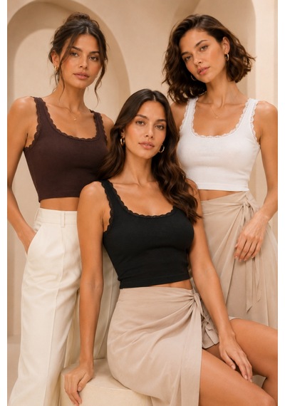 Loule Kadın 3'lü Dantel Detaylı Fitilli Crop Top Siyah-beyaz-kahverengi Çok Renkli