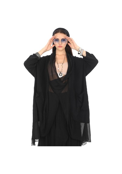 Italyan Ipek Detaylı Oversize Kap Bluz- Asimetrik Pantolon Takım Siyah