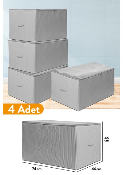 Serstil 4 Adet - Büyük Boy Antrasit Çizgili Hurç - 74 X 46 X 46 Cm Gri