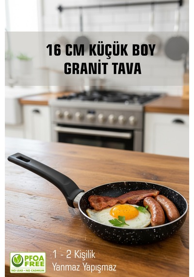 16 Cm Küçük Boy Granit Yanmaz Yapışmaz Kahvaltılık Tava Siyah