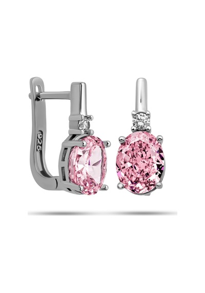 Gümüş Ice Cut Oval Pembe Zirkon Taşlı Kadın Küpe Gümüş