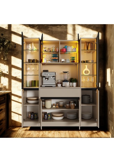 Auren Maxı Led Li Modüler Kahve Köşesi Kum Beji Mdf Kahve Dolabı, Cam Vitrinli, Geniş Depolama Alanlı Modern Kahve Istasyonu Auren Maxı Led Li Modüler Kahve Köşesi Kum Beji Mdf Kahve Dolabı, Cam Vitrinli, Geniş Depolama Alanlı Modern Kahve Istasyonu