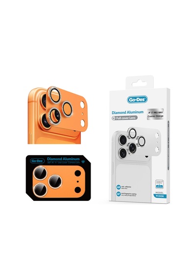 Apple Uyumlu   iPhone 17 Pro Go Des Fc006 Diamond Titanyum Serisi Anti Reflective Kamera Lens Koruyucu Turuncu