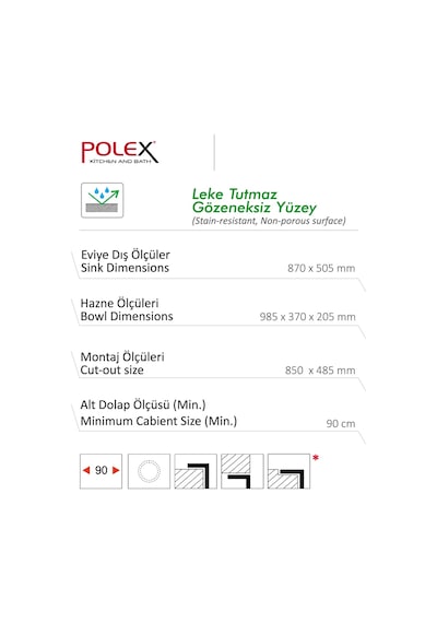 Polex Cristalüx Granit Evye P-2XLN Siyah 2 Hazneli Tezgah Altı Ve Tezgah Üstü Mutfak Evyesi 80.5x51.5 CM