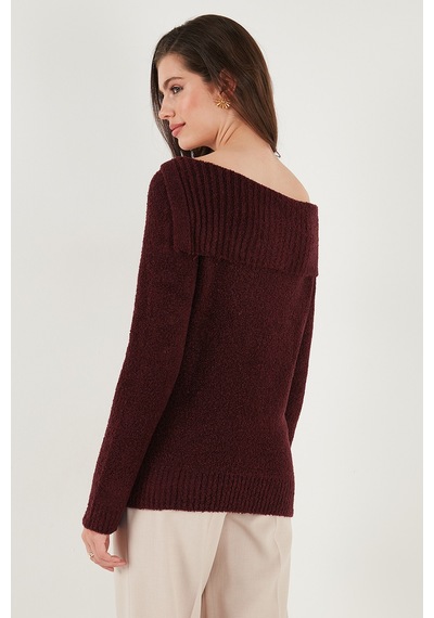 Lela Premium Regular Fit Kayık Yaka Düğme Detaylı Bayan Kazak 680Kz002563 Bordo