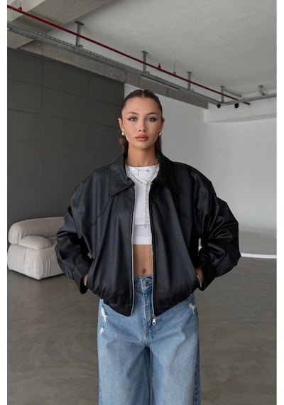 Meecy Kadın Yeni Sezon Bomber Deri Ceket Black Black