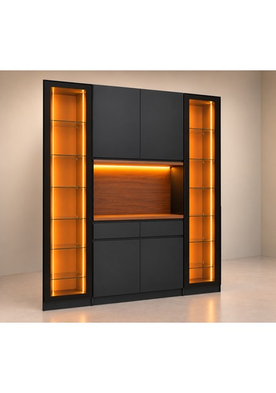 Noir Antrasit Çift Modüllü Led Işıklı Kahve Köşesi Cam Raflı Vitrin Dolabı 140 Cm