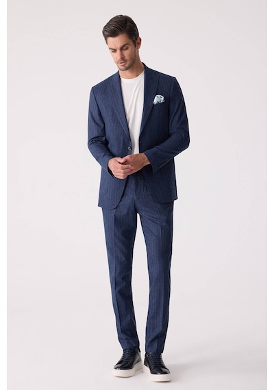 Erkek Mavi Slim Fit Çizgili Torba Cep Jogger Pantolonlu Sivri Yak