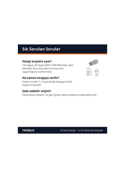 Trobus Halojen Park Ampulü T20 Dipsiz Çift Duylu Wy21 12v 21w Turuncu