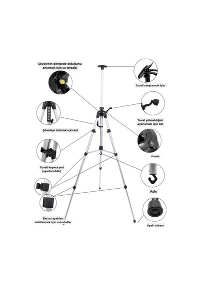 Katlanabilir Alüminyum Tripod Şövale - Kollu Yükseklik Ayarlı, Su Terazili, Pusulalı, Gümüş