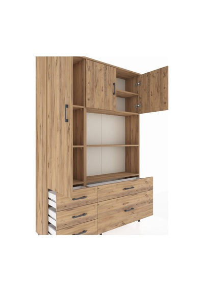 Arges Dolap 7 Raflı 5 Çekmeceli 3 Kapaklı 132x30x195 Çam-çam/çam Çam