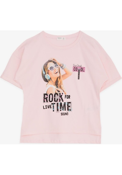 Breeze Kız Çocuk Tişört Havalı Rockçı Kız Baskılı 9-16 Yaş, Pembe-Pembe