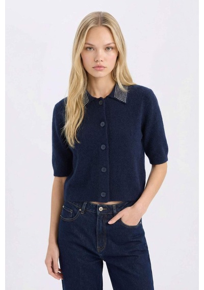 DeFacto Regular Fit Polo Yaka Basic Düz Düğmeli Triko Hırka E2288AX24WNNV134 Lacivert
