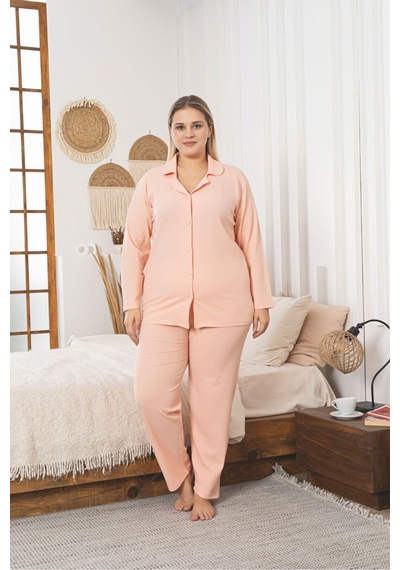 Büyük Beden Boydan Düğmeli Kaşkorse Kumaş Pijama Takımı Somon