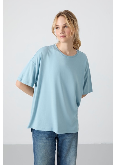 Tommy Life Açık Mavi Penye Modal Yumuşak Tuşeli Oversize Fit Basic Kadın T-shirt- 97285 Açık Mavi