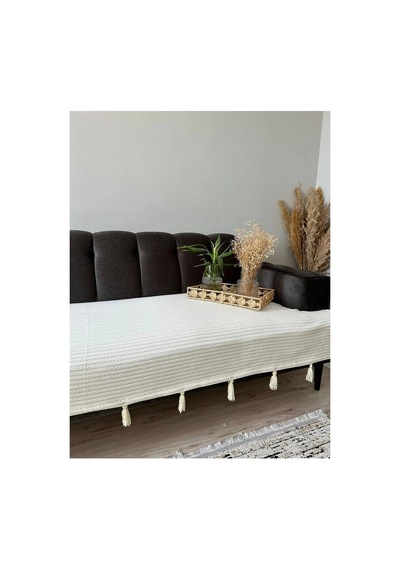 Püsküllü Şal Model Koltuk Örtüsü Ekru 100x230 %100 Pamuk Örme, Kaymaz, Dekoratif Ev Tekstili Ekru Ekru