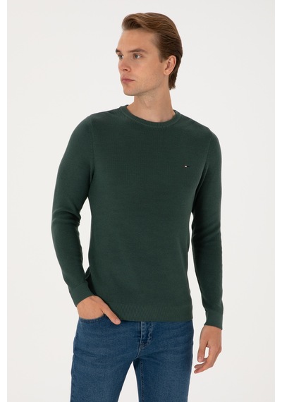 U.S. Polo Assn. Erkek Slim Fit Bisiklet Yaka Koyu Yeşil Basic Kazak 50313667-VR079