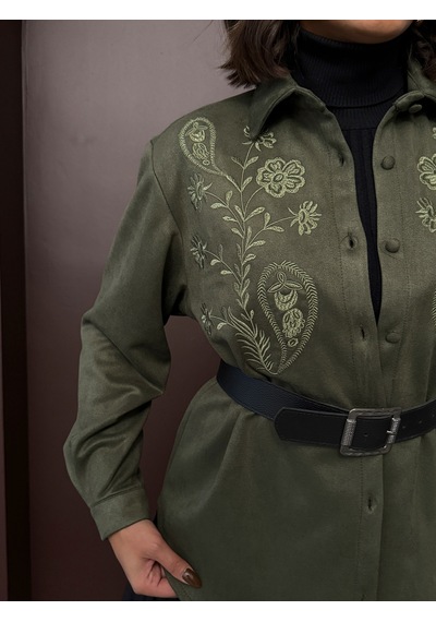 Verymoda Nakışlı Scuba Süet Gömlek - F2024 Haki