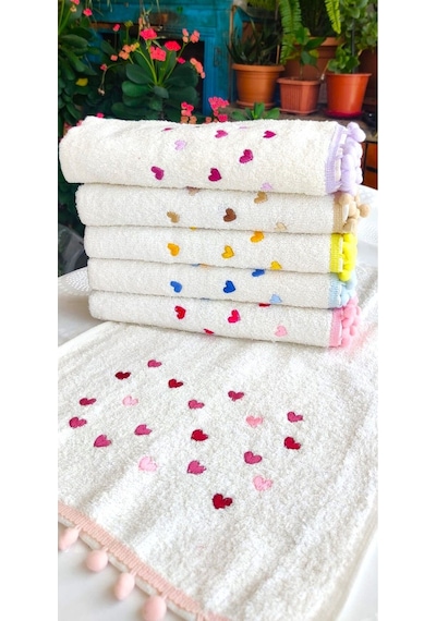 Annem 30x50 Cm. Çeyizlik 6'lı Set Kalp Nakışlı Ponponlu Bukle Lüks Havlu Seti Çok Renkli