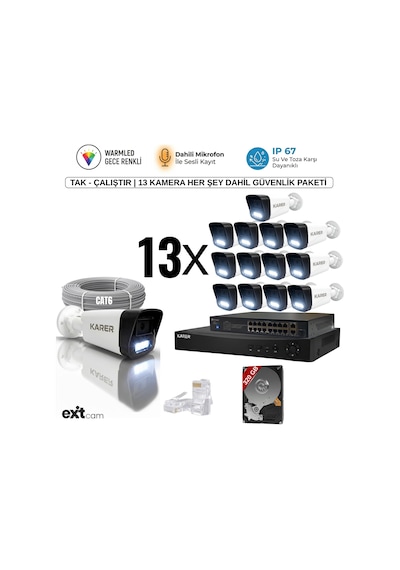 13'lü Ip-poeli-5mp-sesli -gece Renkli- Su Geçirmez- Full Hd-320gb-güvenlik Kamera Seti