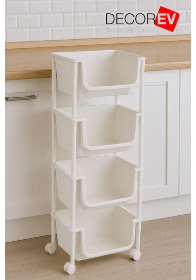 4 Katlı Tekerlekli Plastik Organizer Raf Çok Amaçlı Mutfak, Banyo Ve Ofis Düzenleyici Beyaz Dc-6823 Beyaz