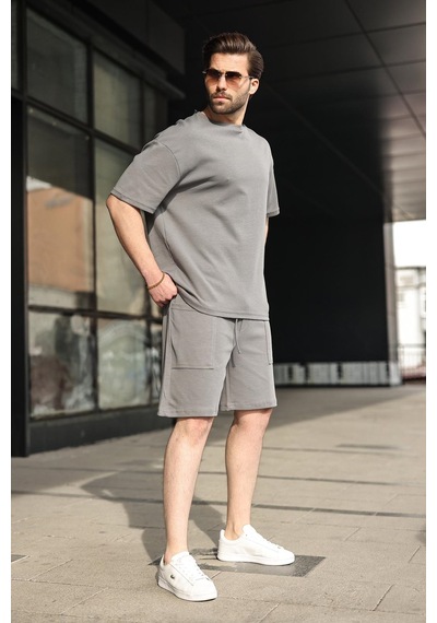 Madmext Füme Bisiklet Yaka Oversize Erkek Şort T-shirt Takım E7355 Füme