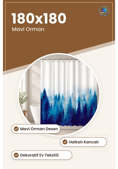 Banyo Perdesi Mavi Orman Desenli Dekoratif Halkalı Kancalı Duş Ev Çok Renkli
